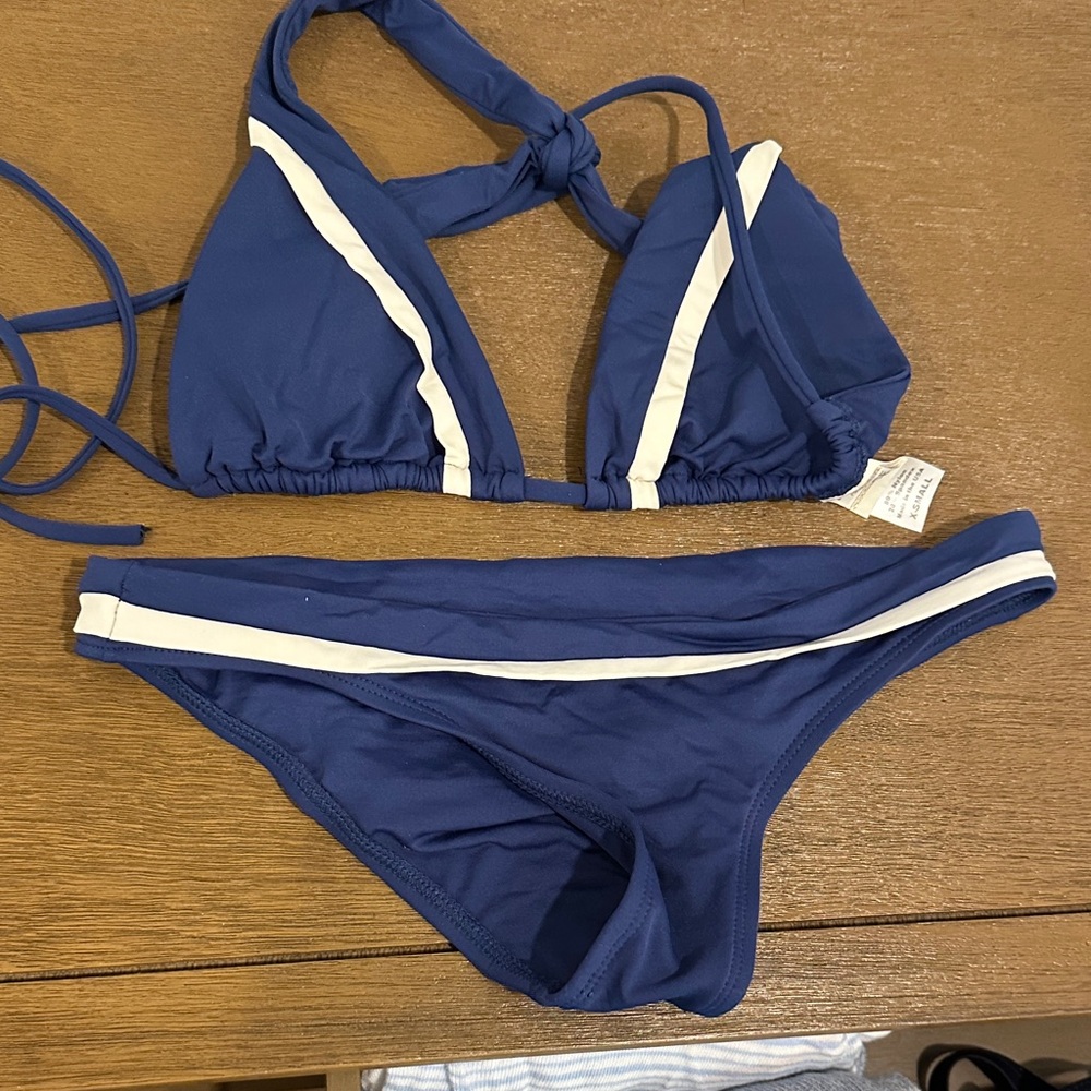 l*space Blue Triangle Bikini with White Stripe Trim